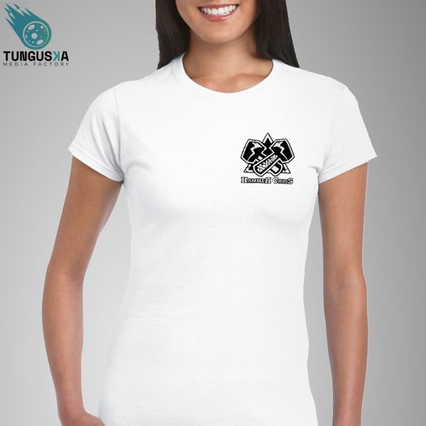 Camiseta blanca logo Hammercross para mujer (frontal y trasera)